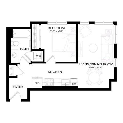 Floor plan for 1 bed, 1 bath, 726 sqft
