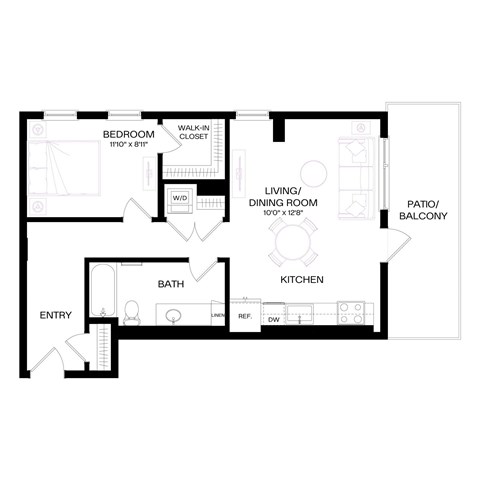 Floor plan for 1 bed, 1 bath, 686 sqft