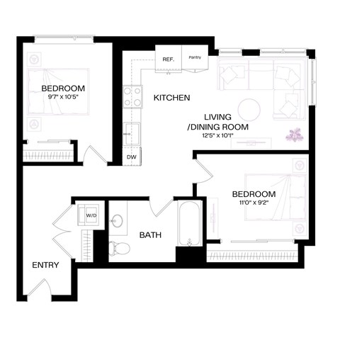 Floor plan for 2 beds, 1 bath, 771 sqft