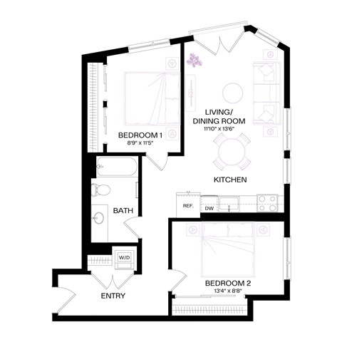 Floor plan for 2 beds, 1 bath, 819 sqft