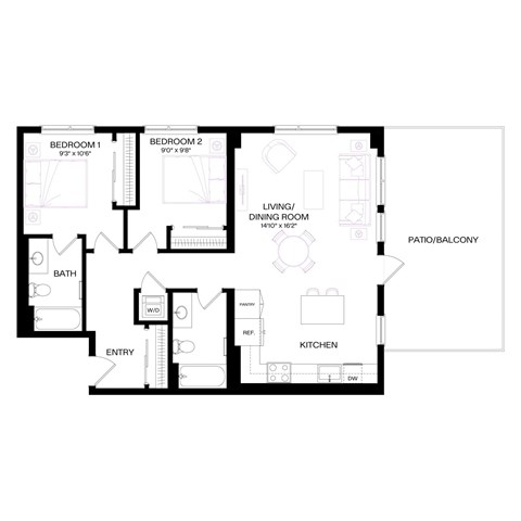 Floor plan for 2 beds, 2 baths, 994 sqft