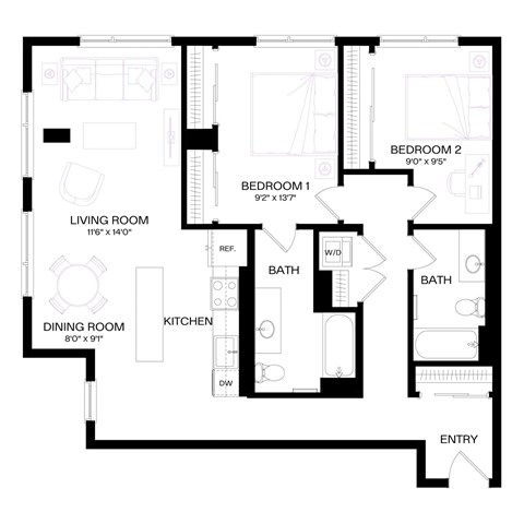 Floor plan for 2 beds, 2 baths, 1127 sqft