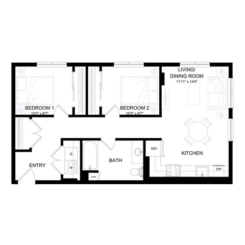 Floor plan for 2 beds, 1 bath, 789 sqft