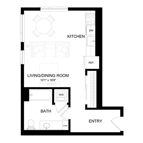 Floor plan for 1 bed, 1 bath, 492 sqft