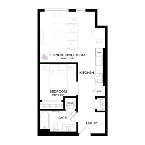 Floor plan for 1 bed, 1 bath, 545 sqft