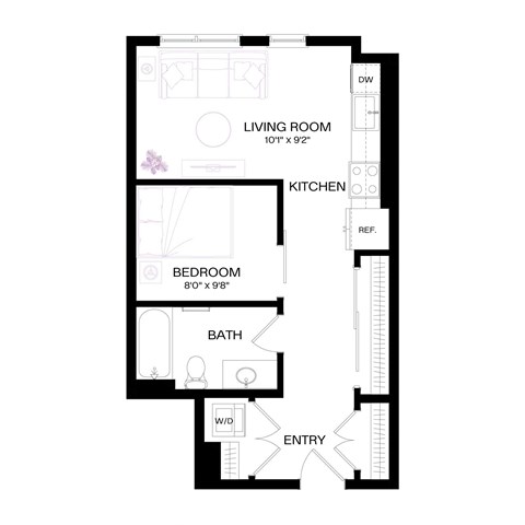 Floor plan for 1 bed, 1 bath, 529 sqft