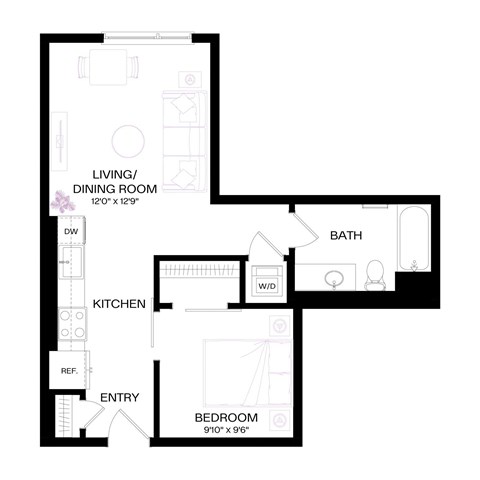 Floor plan for 1 bed, 1 bath, 577 sqft