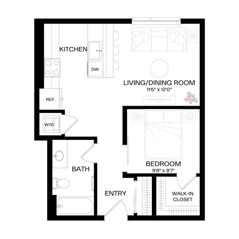 Floor plan for 1 bed, 1 bath, 562 sqft