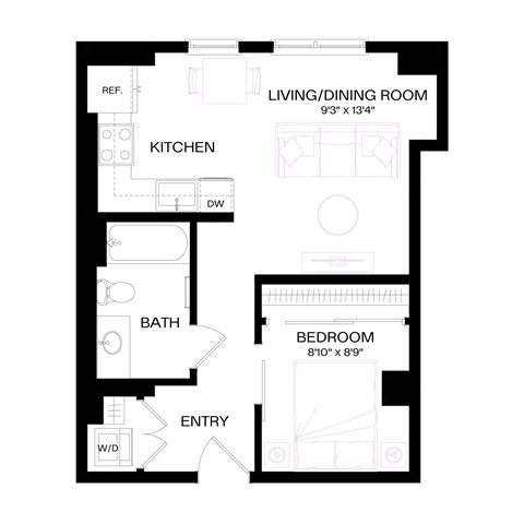 Floor plan for 1 bed, 1 bath, 603 sqft