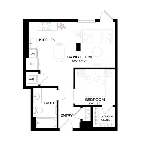 Floor plan for 1 bed, 1 bath, 563 sqft