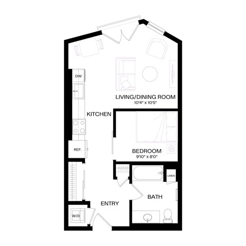 Floor plan for 1 bed, 1 bath, 573 sqft