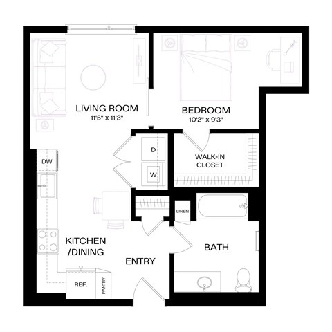 Floor plan for 1 bed, 1 bath, 616 sqft