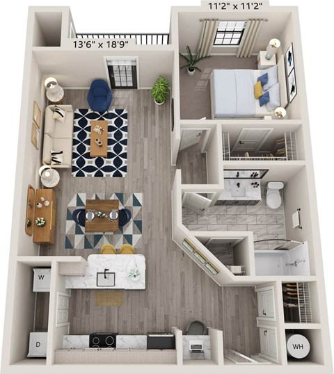 Floor plan for 1 bed, 1 bath, 834 sqft
