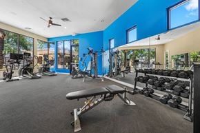 Phoenix apartment for rent - A gym with a variety of equipment including treadmills, weights, and a bench press.