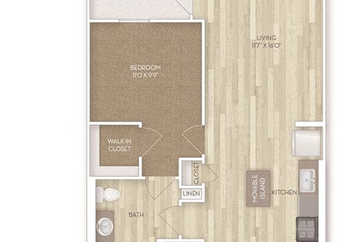 Floor plan for 1 bed, 1 bath, 721 sqft