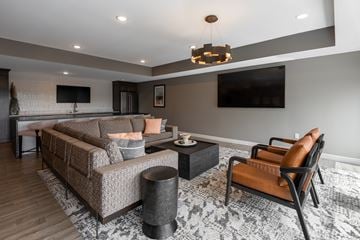West Saint Paul apartment for rent - A modern living room with a grey sofa and a black and white rug.