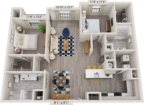 Floor plan for 2 beds, 2 baths, 1302 sqft
