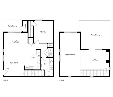 Floor plan for 1 bed, 1 bath, 1075 sqft