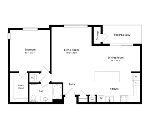 Floor plan for 1 bed, 1 bath, 898 sqft