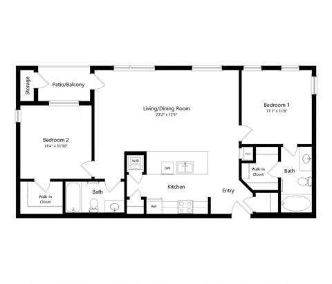 Floor plan for 2 beds, 2 baths, 1025 sqft