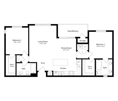 Floor plan for 2 beds, 2 baths, 1081 sqft
