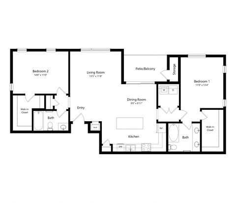 Floor plan for 2 beds, 2 baths, 1194 sqft