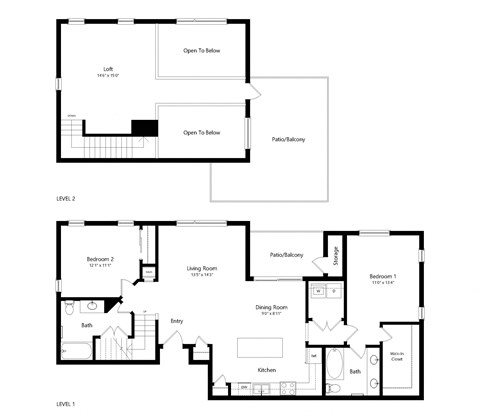 Floor plan for 2 beds, 2 baths, 1540 sqft