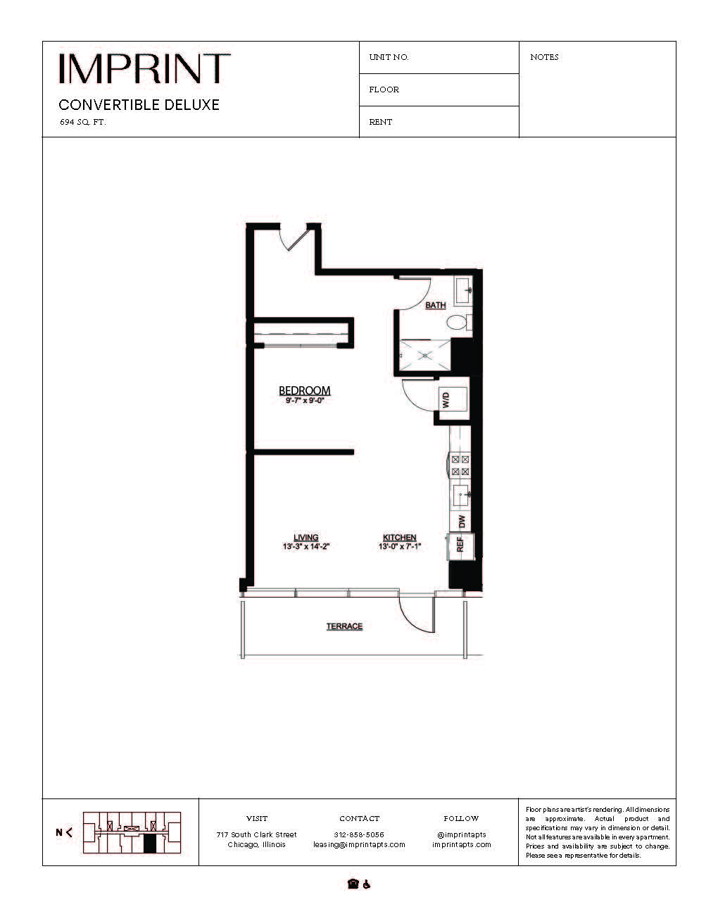 Floor plan for studio, 1 bath, 694 sqft