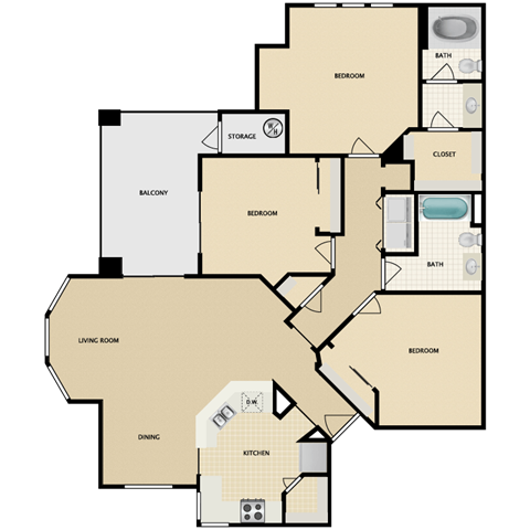 Floor plan for 3 beds, 2 baths, 1373 sqft