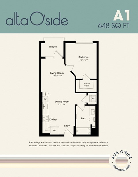 Floor plan for 1 bed, 1 bath, 648 sqft