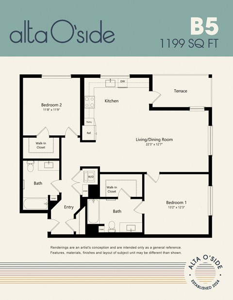 Floor plan for 2 beds, 2 baths, 1199 sqft