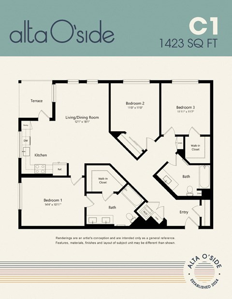 Floor plan for 3 beds, 2 baths, 1423 sqft