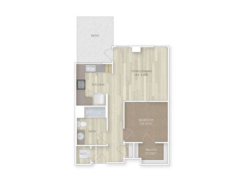 Floor plan for 1 bed, 1 bath, 671 sqft