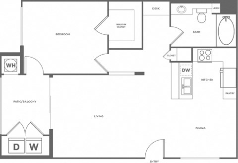 Floor plan for 1 bed, 1 bath, 763 sqft