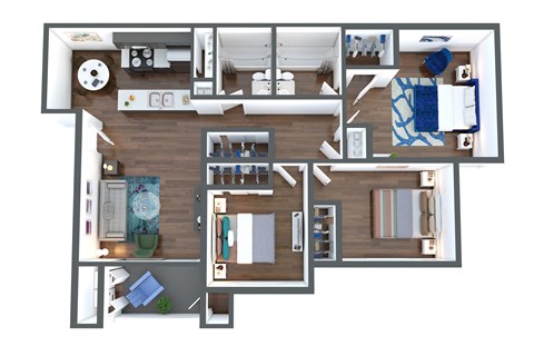 Floor plan for 3 beds, 2 baths, 1253 sqft