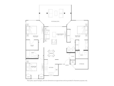 Floor plan for 3 beds, 2 baths, 1273 sqft