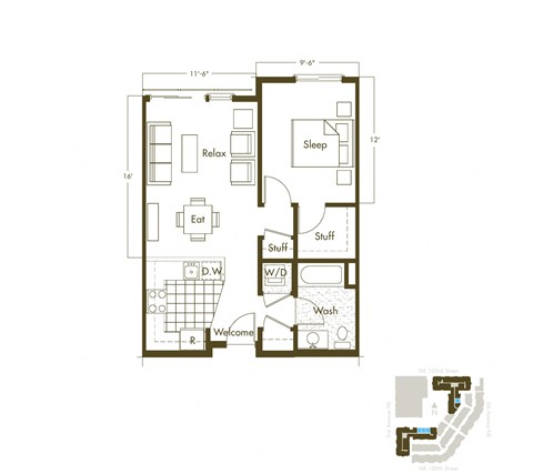 Floor plan for 1 bed, 1 bath, 640 sqft