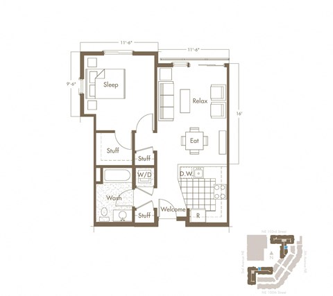 Floor plan for 1 bed, 1 bath, 665 sqft