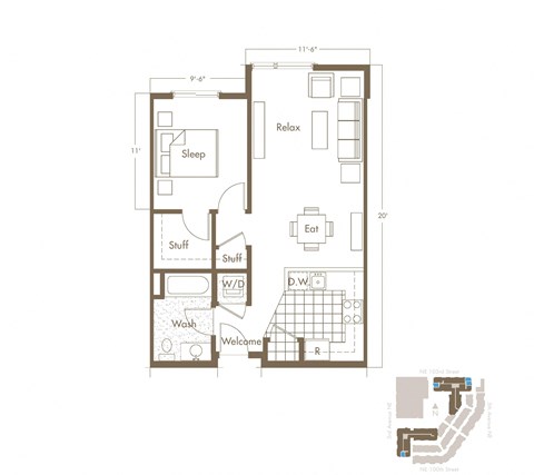 Floor plan for 1 bed, 1 bath, 687 sqft
