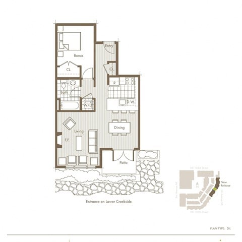 Floor plan for 1 bed, 1 bath, 733 sqft