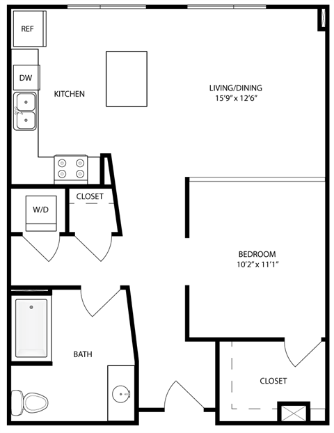 Floor plan for 1 bed, 1 bath, 697 sqft