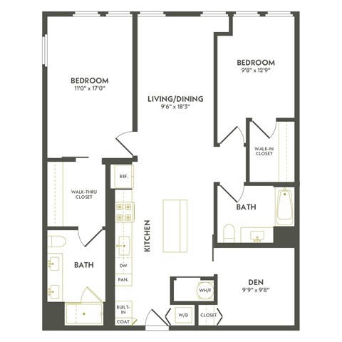 Floor plan for 2 beds, 2 baths, 1268 sqft