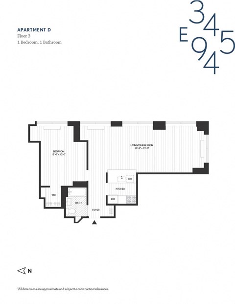 Floor plan for 1 bed, 1 bath, 843 sqft