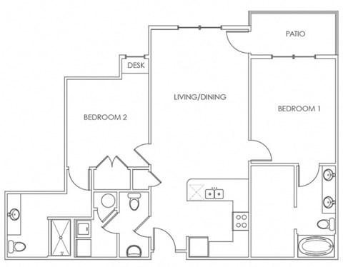 Floor plan for 2 beds, 2.5 baths, 1144 sqft