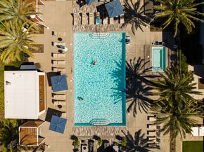 Sacramento apartment for rent - a hotel pool with people in it and umbrellas and palm trees