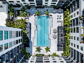 Sarasota apartment for rent - A swimming pool surrounded by palm trees and buildings.
