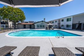 Chula Vista apartment for rent - A swimming pool surrounded by lounge chairs and trees.