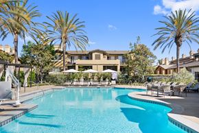 Aliso Viejo apartment for rent - A swimming pool surrounded by palm trees and lounge chairs.