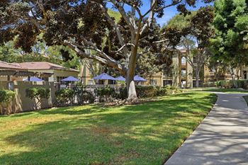 Manicured landscaping and green spaces