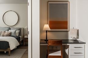 Marina Del Rey apartment for rent - A bedroom with a bed, desk, and chair.